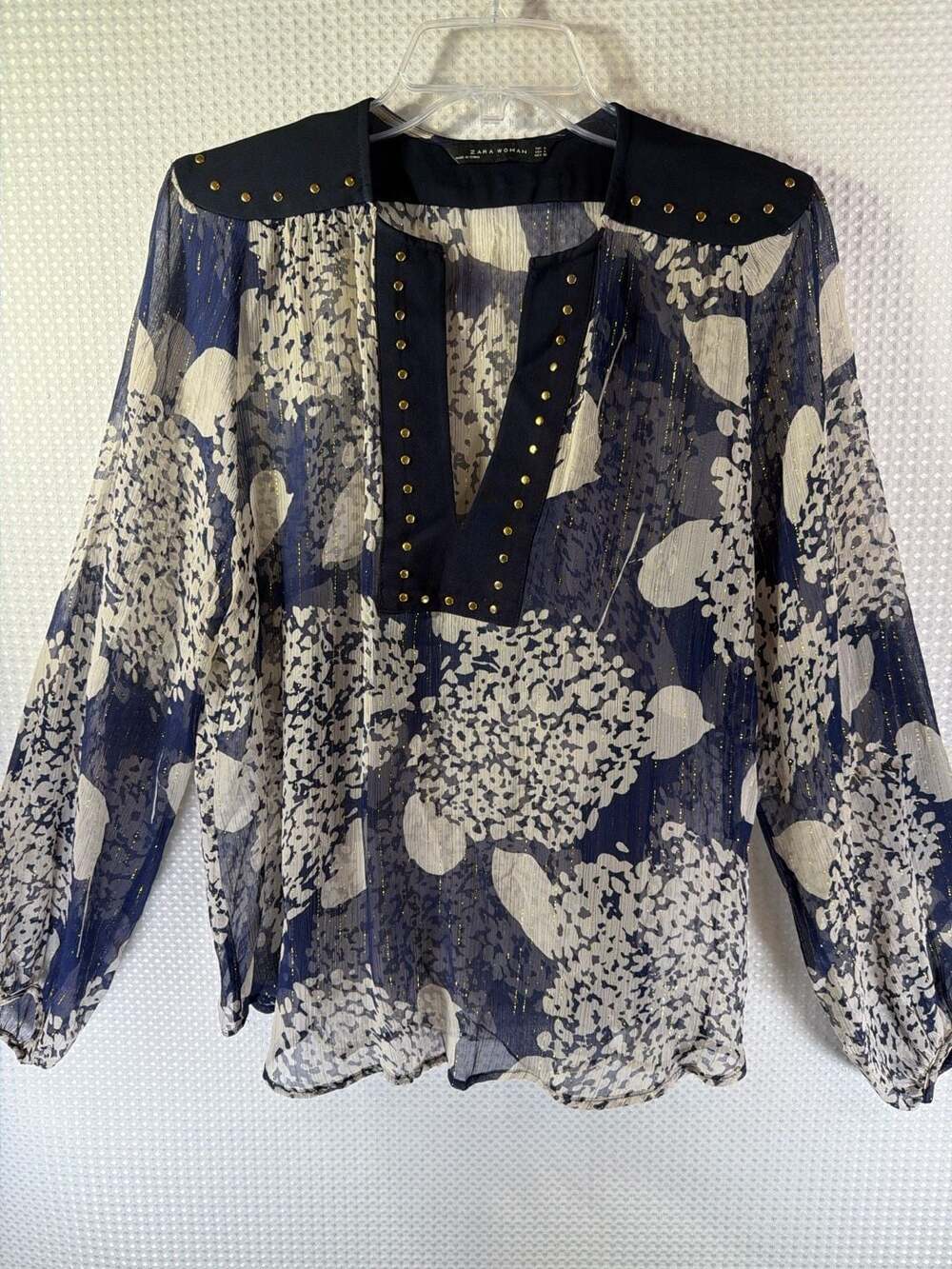 Zara Woman Navy and White Floral Print Sheer Blouse with Gold Stud Detail